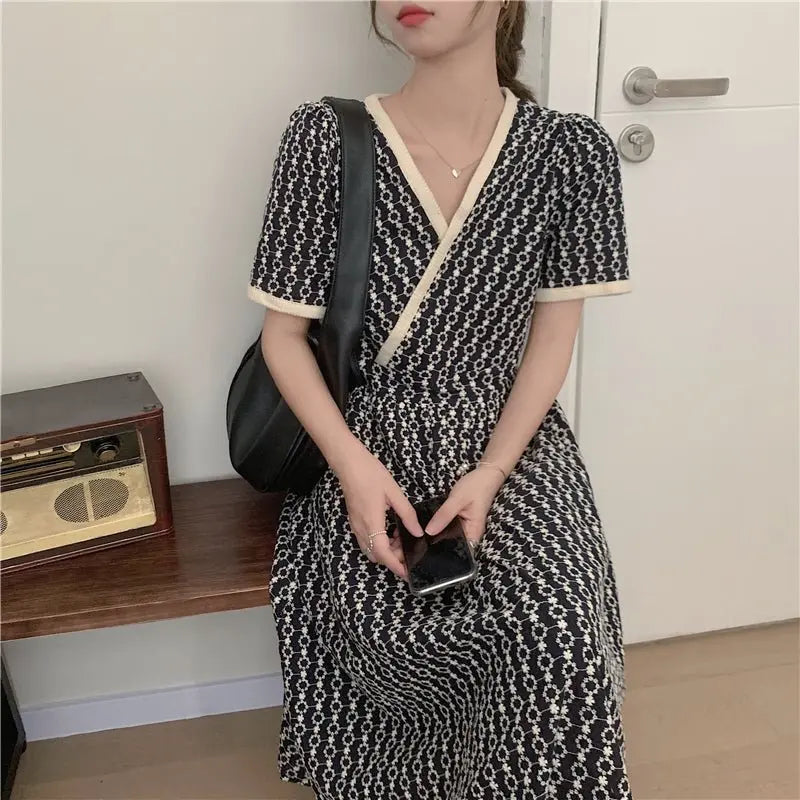 Women Summer V Neck Jacquard Floral Long Dress High Waist Short Sleeve Exquisite Midi Dresses nowadaysfashion
