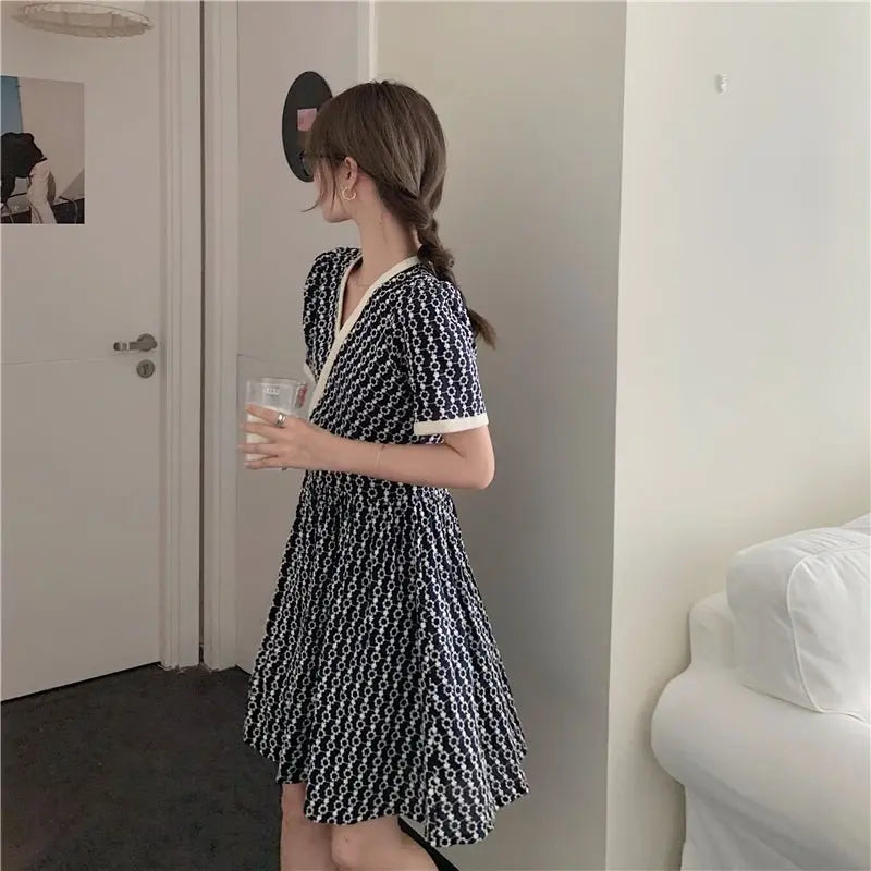 Women Summer V Neck Jacquard Floral Long Dress High Waist Short Sleeve Exquisite Midi Dresses - Blade & Thread