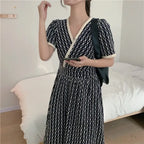 Women Summer V Neck Jacquard Floral Long Dress High Waist Short Sleeve Exquisite Midi Dresses nowadaysfashion