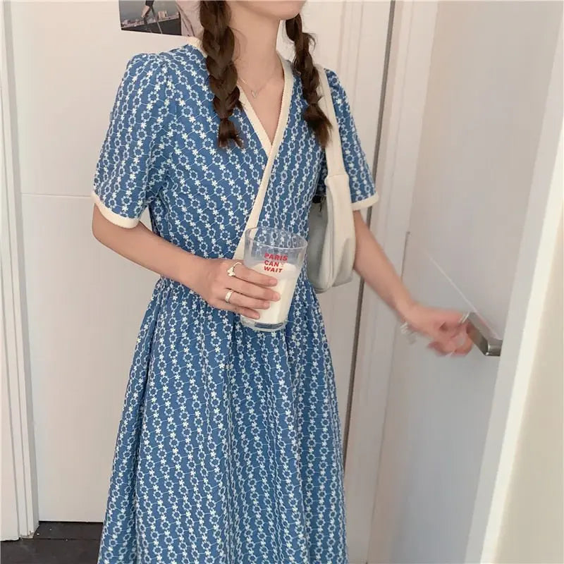 Women Summer V Neck Jacquard Floral Long Dress High Waist Short Sleeve Exquisite Midi Dresses - Blade & Thread