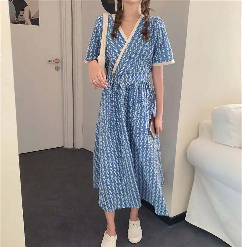 Women Summer V Neck Jacquard Floral Long Dress High Waist Short Sleeve Exquisite Midi Dresses nowadaysfashion