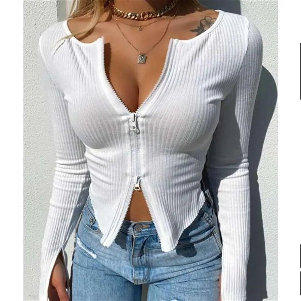 Women T-shirt Ribbed Knitted Long Sleeve Crop Tops Zipper Tee Female Slim - Blade & Thread