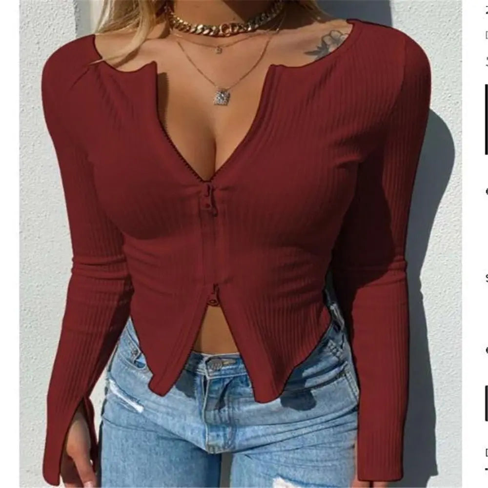 Women T-shirt Ribbed Knitted Long Sleeve Crop Tops Zipper Tee Female Slim nowadaysfashion