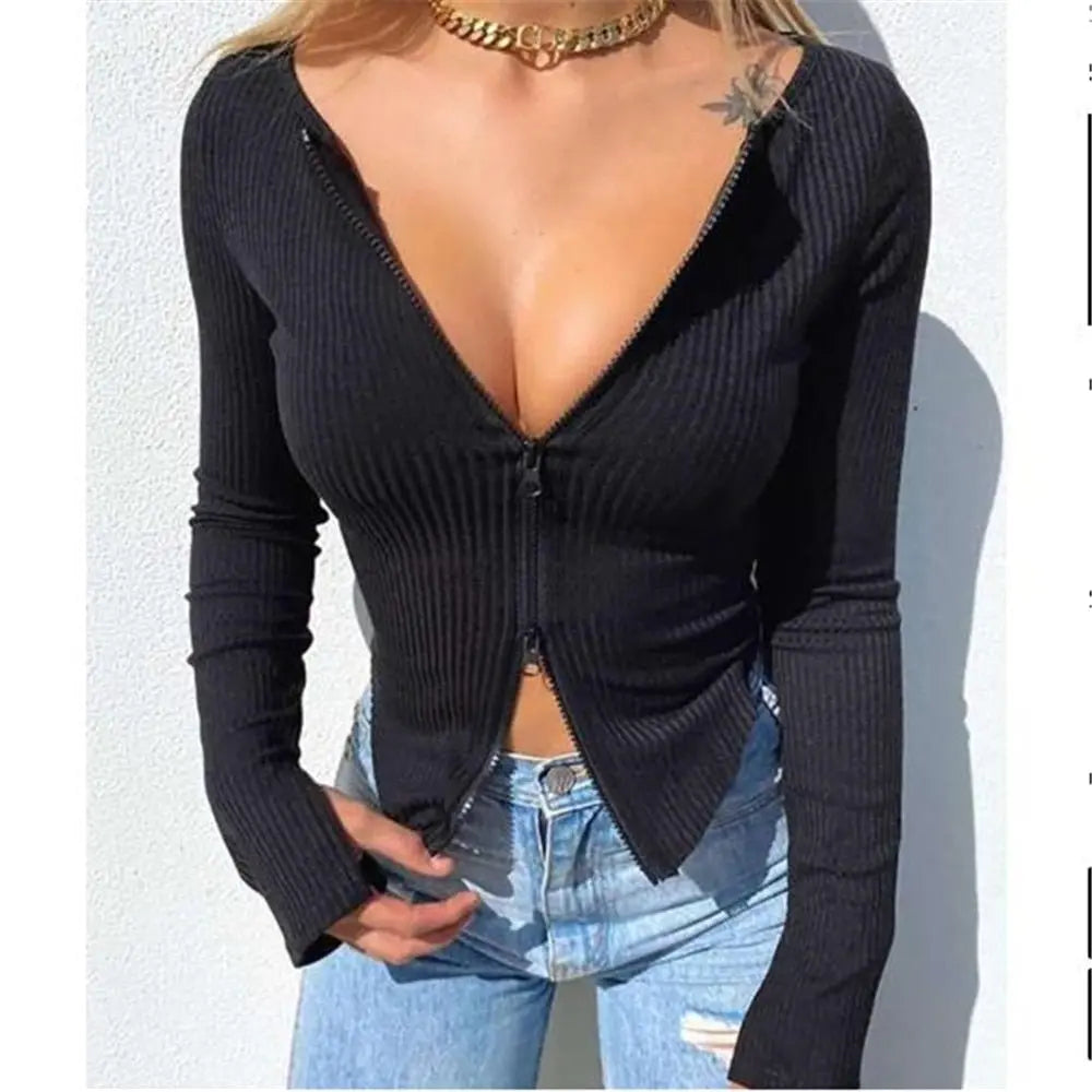 Women T-shirt Ribbed Knitted Long Sleeve Crop Tops Zipper Tee Female Slim - Blade & Thread