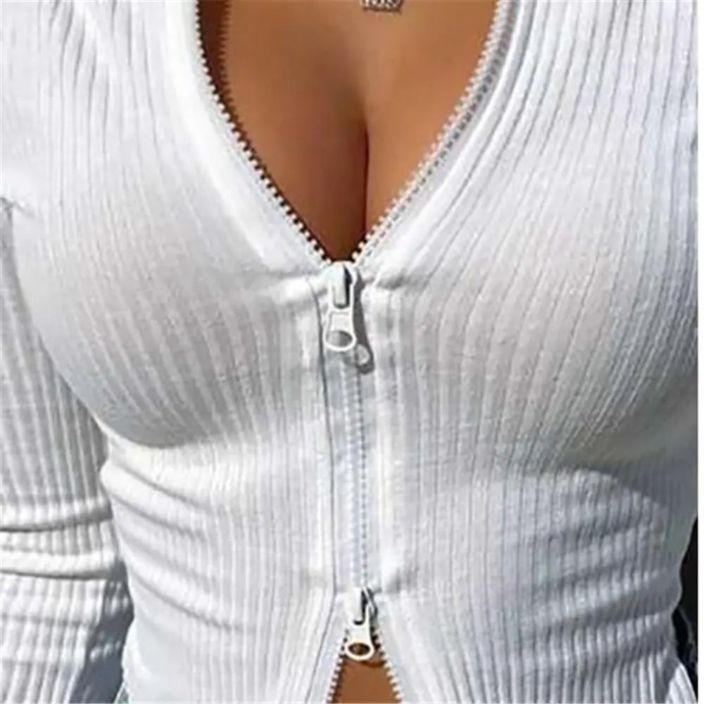 Women T-shirt Ribbed Knitted Long Sleeve Crop Tops Zipper Tee Female Slim nowadaysfashion