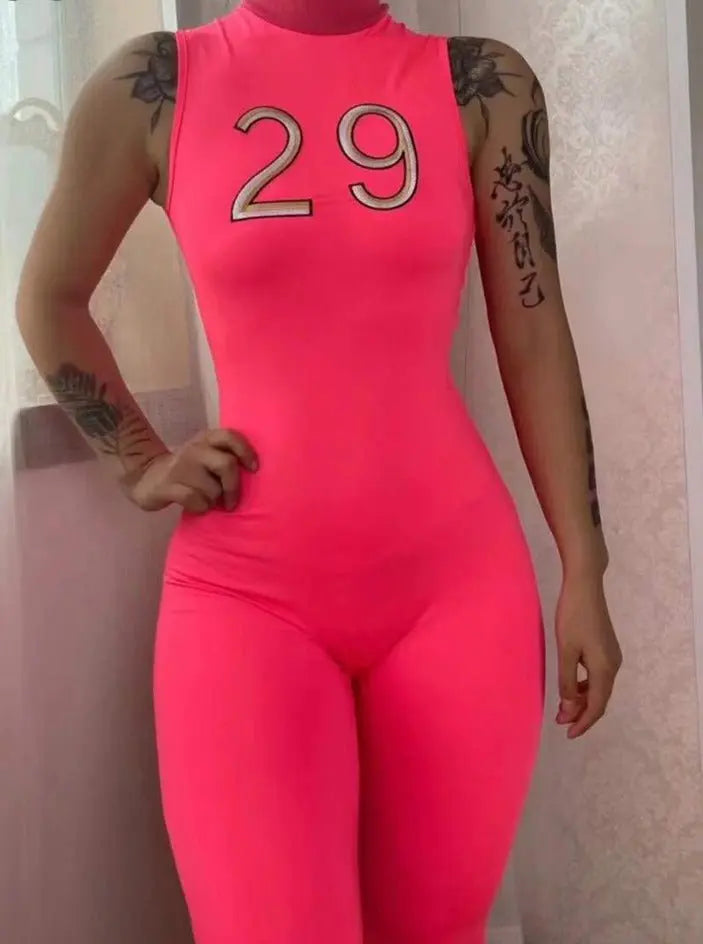 Women Tracksuit Slim Elastic High Print Figure Zipper Jumpsuit Y2K Sports - Blade & Thread