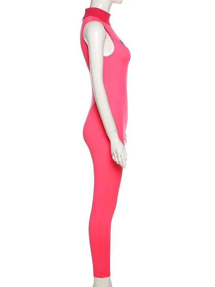 Women Tracksuit Slim Elastic High Print Figure Zipper Jumpsuit Y2K Sports - Blade & Thread