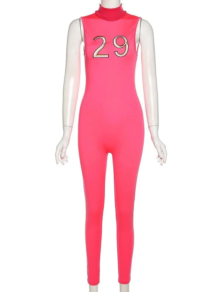 Women Tracksuit Slim Elastic High Print Figure Zipper Jumpsuit Y2K Sports - Blade & Thread