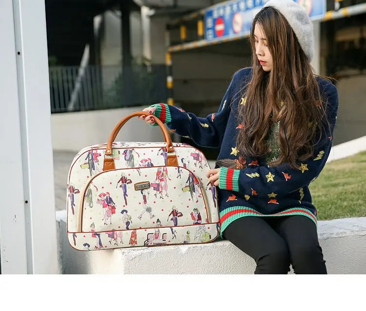 Women Travel Bags PU Leather Large Capacity Waterproof Print Luggage Duffle Bag - Blade & Thread