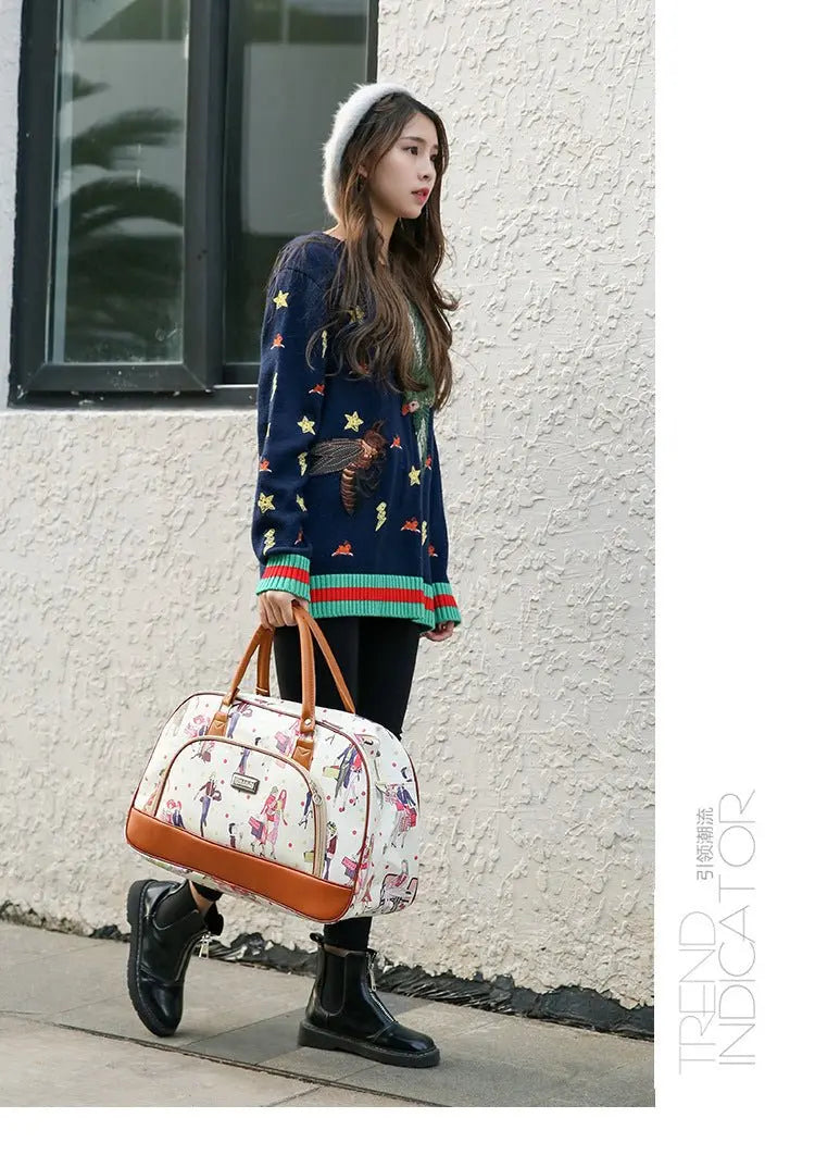Women Travel Bags PU Leather Large Capacity Waterproof Print Luggage Duffle Bag - Blade & Thread