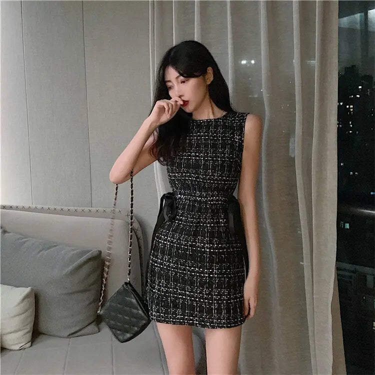 Women Tweed Dress Sleeveless Lace-up Bow O-Neck Plaid Classic Short Dress - Blade & Thread