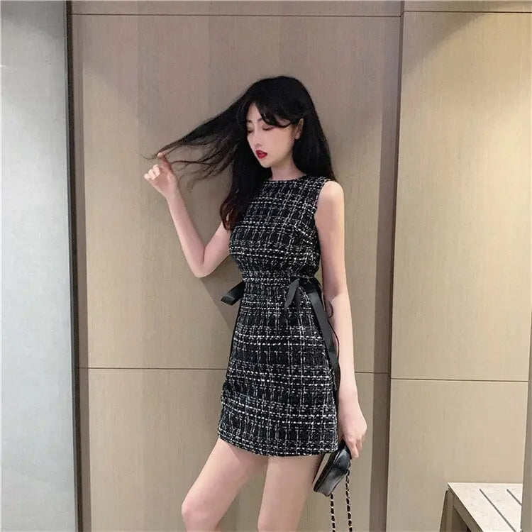 Women Tweed Dress Sleeveless Lace-up Bow O-Neck Plaid Classic Short Dress - Blade & Thread