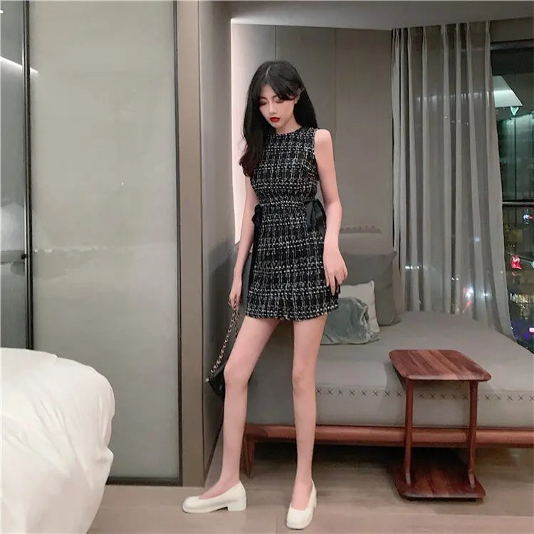 Women Tweed Dress Sleeveless Lace-up Bow O-Neck Plaid Classic Short Dress - Blade & Thread