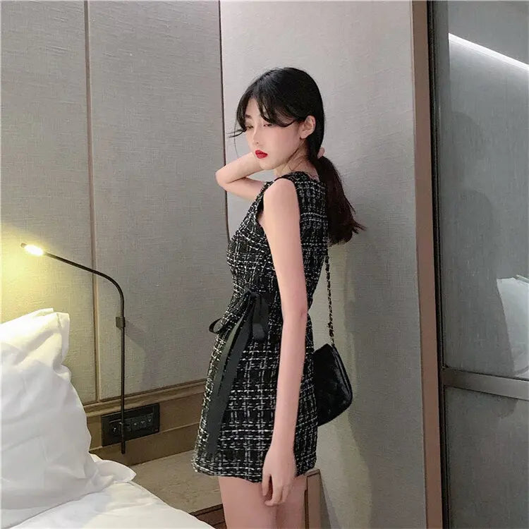 Women Tweed Dress Sleeveless Lace-up Bow O-Neck Plaid Classic Short Dress nowadaysfashion