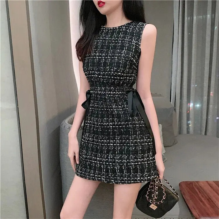 Women Tweed Dress Sleeveless Lace-up Bow O-Neck Plaid Classic Short Dress - Blade & Thread