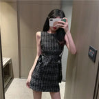 Women Tweed Dress Sleeveless Lace-up Bow O-Neck Plaid Classic Short Dress nowadaysfashion