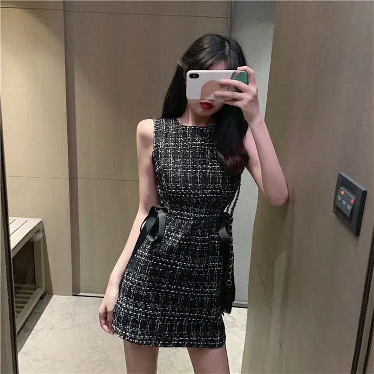Women Tweed Dress Sleeveless Lace-up Bow O-Neck Plaid Classic Short Dress - Blade & Thread