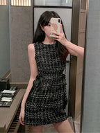 Women Tweed Dress Sleeveless Lace-up Bow O-Neck Plaid Classic Short Dress nowadaysfashion