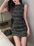 Women Tweed Dress Sleeveless Lace-up Bow O-Neck Plaid Classic Short Dress nowadaysfashion