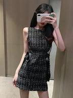 Women Tweed Dress Sleeveless Lace-up Bow O-Neck Plaid Classic Short Dress nowadaysfashion