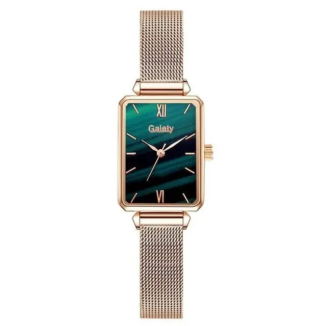Women Watches Fashion Square Ladies Quartz Watch Bracelet Set Green Dial Mesh Watches - Blade & Thread