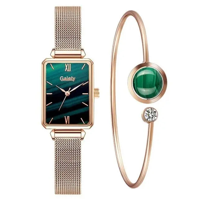 Women Watches Fashion Square Ladies Quartz Watch Bracelet Set Green Dial Mesh Watches - Blade & Thread