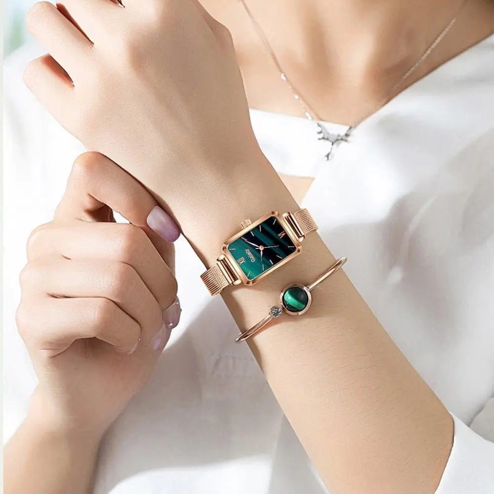 Women Watches Fashion Square Ladies Quartz Watch Bracelet Set Green Dial Mesh Watches - Blade & Thread