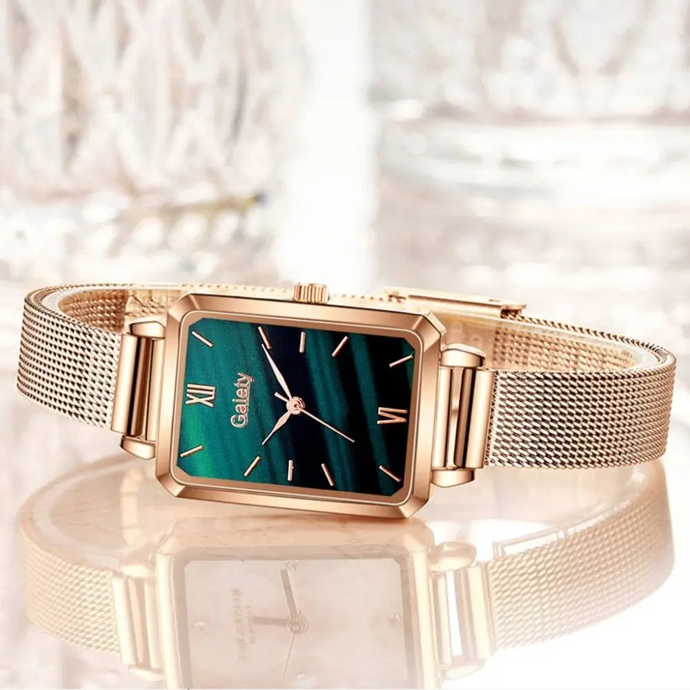 Women Watches Fashion Square Ladies Quartz Watch Bracelet Set Green Dial Mesh Watches nowadaysfashion