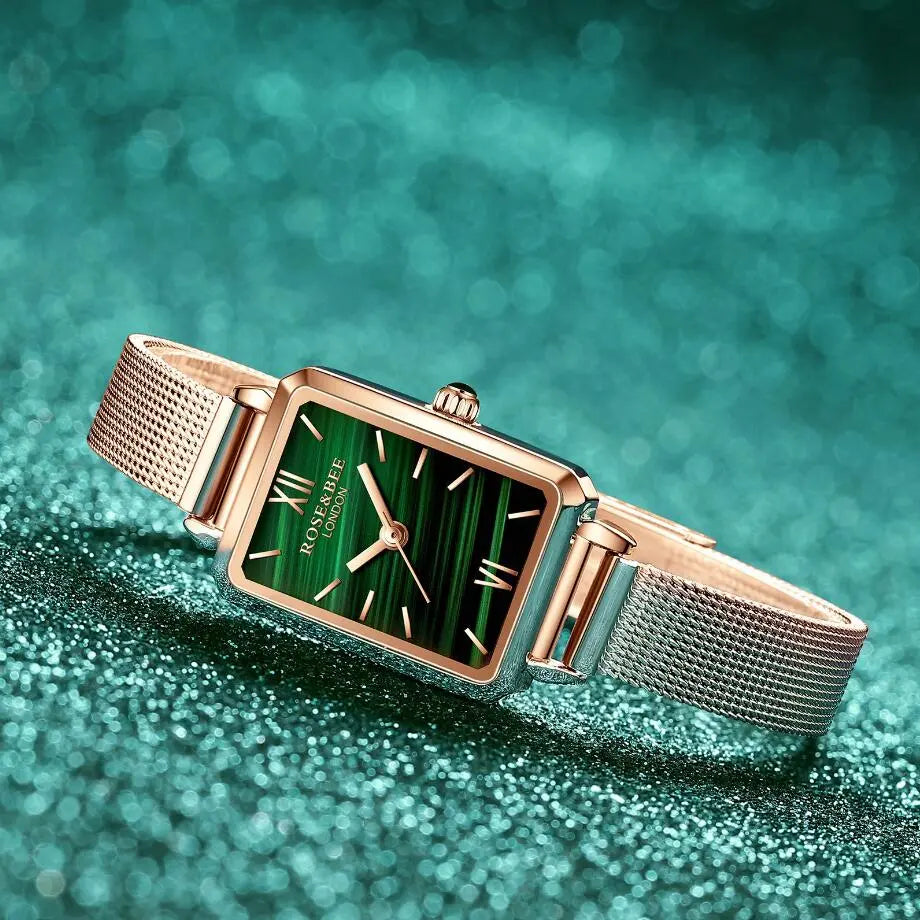 Women Watches Fashion Square Ladies Quartz Watch Bracelet Set Green Dial Mesh Watches - Blade & Thread