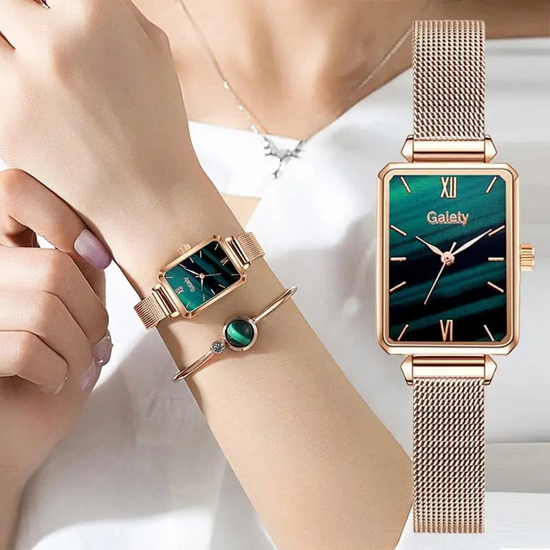 Women Watches Fashion Square Ladies Quartz Watch Bracelet Set Green Dial Mesh Watches - Blade & Thread