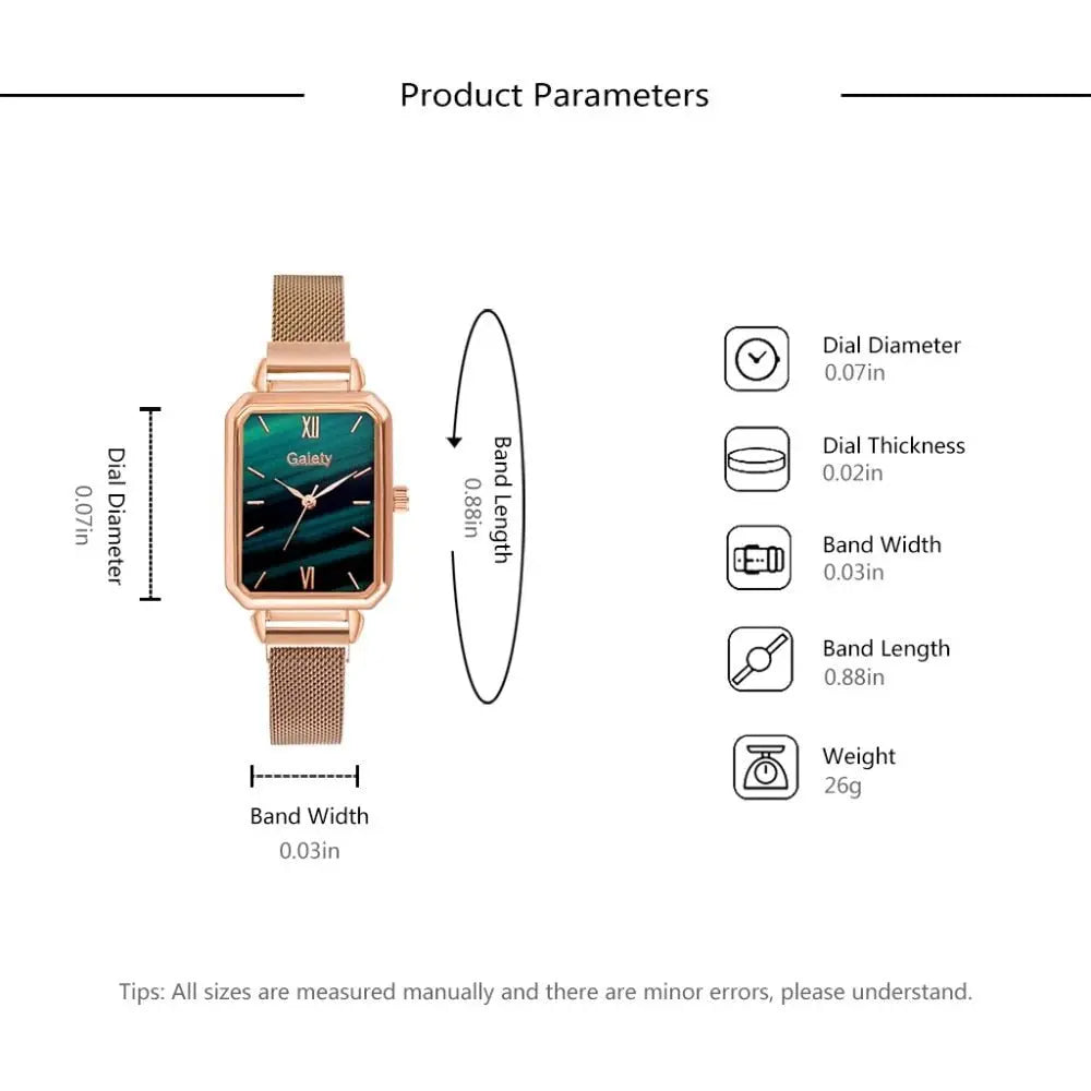 Women Watches Fashion Square Ladies Quartz Watch Bracelet Set Green Dial Mesh Watches - Blade & Thread