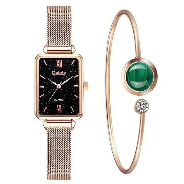 Women Watches Fashion Square Ladies Quartz Watch Bracelet Set Green Dial Mesh Watches - Blade & Thread