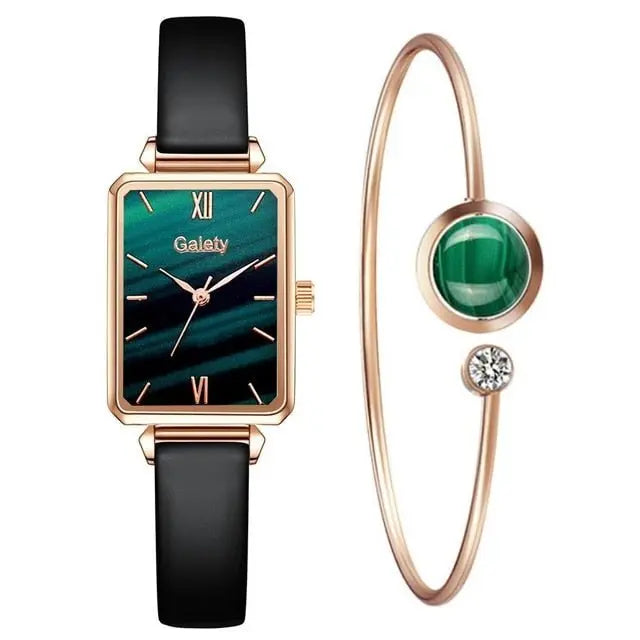 Women Watches Fashion Square Ladies Quartz Watch Bracelet Set Green Dial Mesh Watches nowadaysfashion