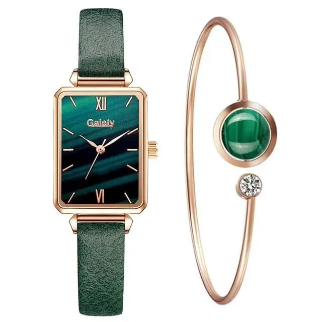 Women Watches Fashion Square Ladies Quartz Watch Bracelet Set Green Dial Mesh Watches - Blade & Thread