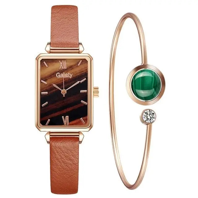 Women Watches Fashion Square Ladies Quartz Watch Bracelet Set Green Dial Mesh Watches - Blade & Thread
