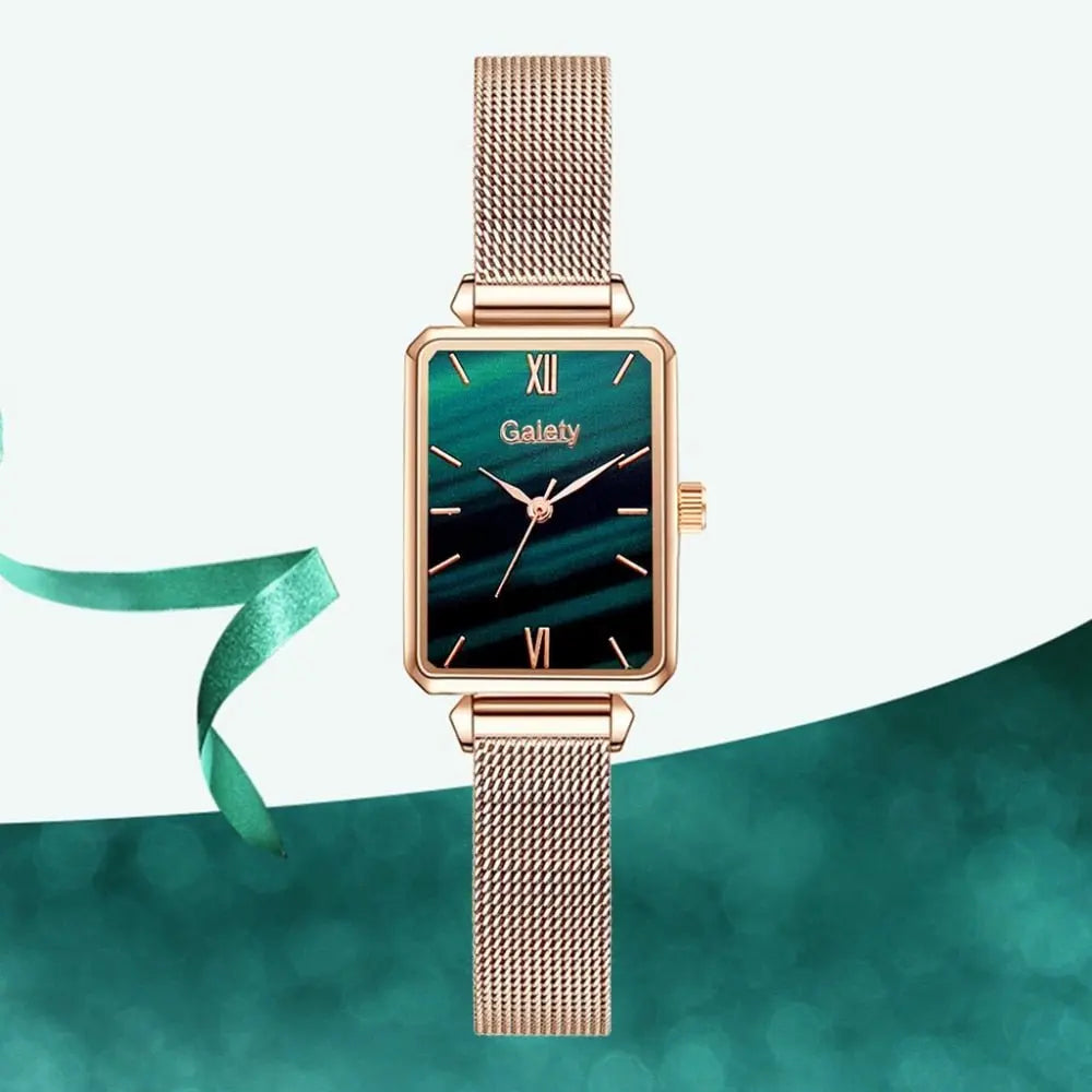 Women Watches Fashion Square Ladies Quartz Watch Bracelet Set Green Dial Mesh Watches - Blade & Thread