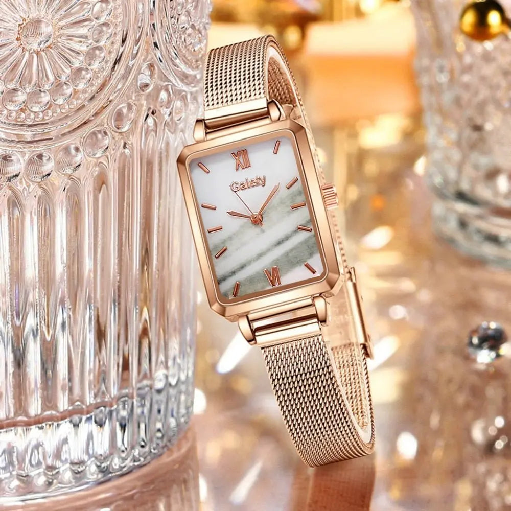 Women Watches Fashion Square Ladies Quartz Watch Bracelet Set Green Dial Mesh Watches - Blade & Thread