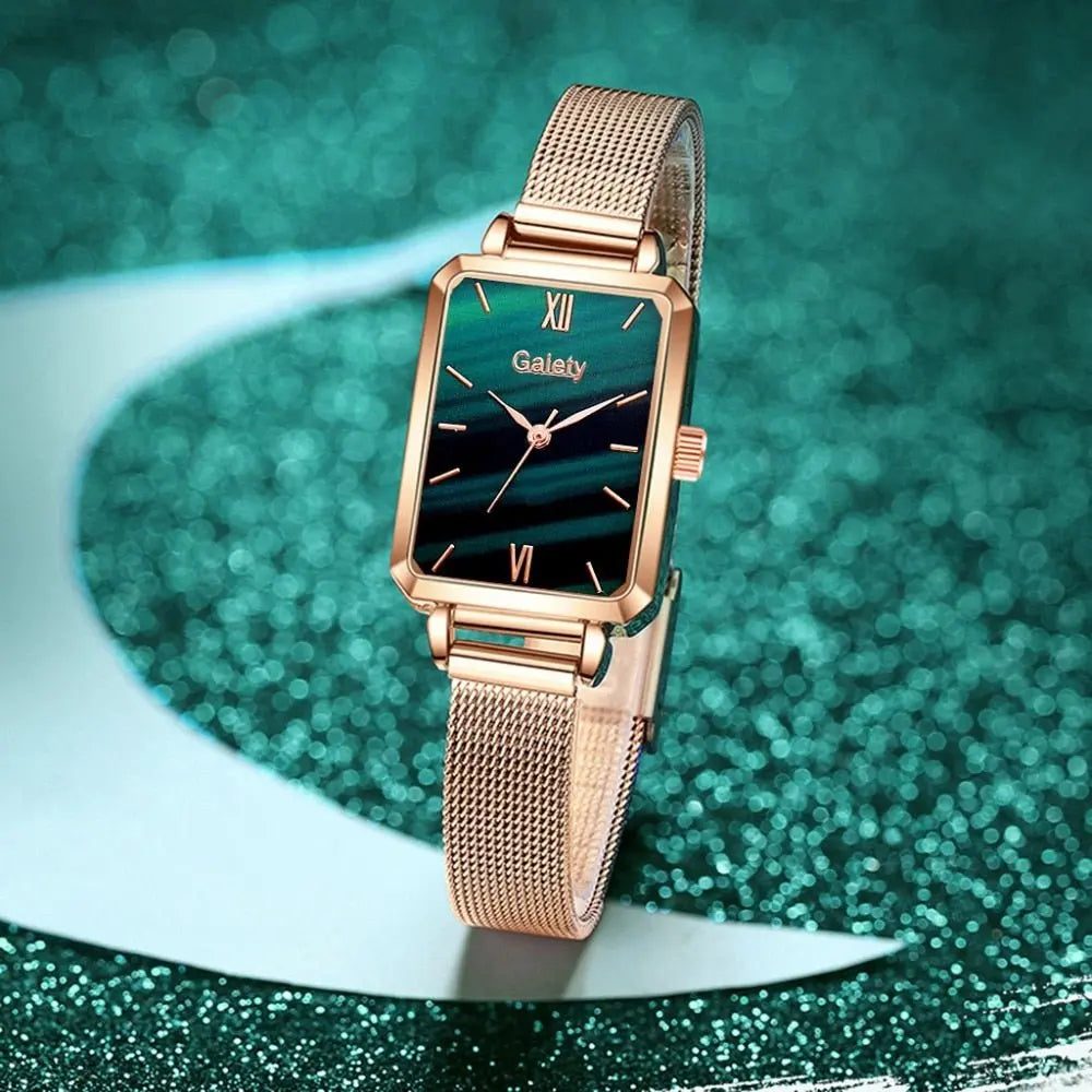 Women Watches Fashion Square Ladies Quartz Watch Bracelet Set Green Dial Mesh Watches - Blade & Thread