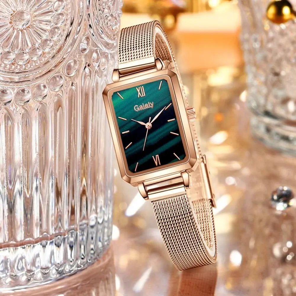 Women Watches Fashion Square Ladies Quartz Watch Bracelet Set Green Dial Mesh Watches - Blade & Thread