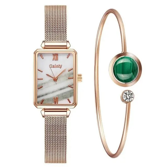 Women Watches Fashion Square Ladies Quartz Watch Bracelet Set Green Dial Mesh Watches nowadaysfashion