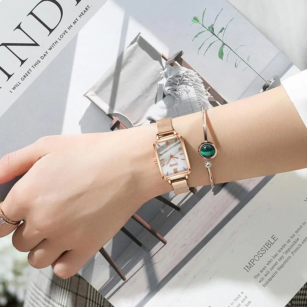 Women Watches Fashion Square Ladies Quartz Watch Bracelet Set Green Dial Mesh Watches nowadaysfashion