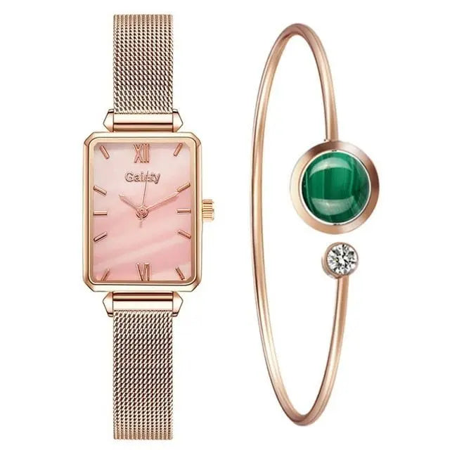 Women Watches Fashion Square Ladies Quartz Watch Bracelet Set Green Dial Mesh Watches - Blade & Thread