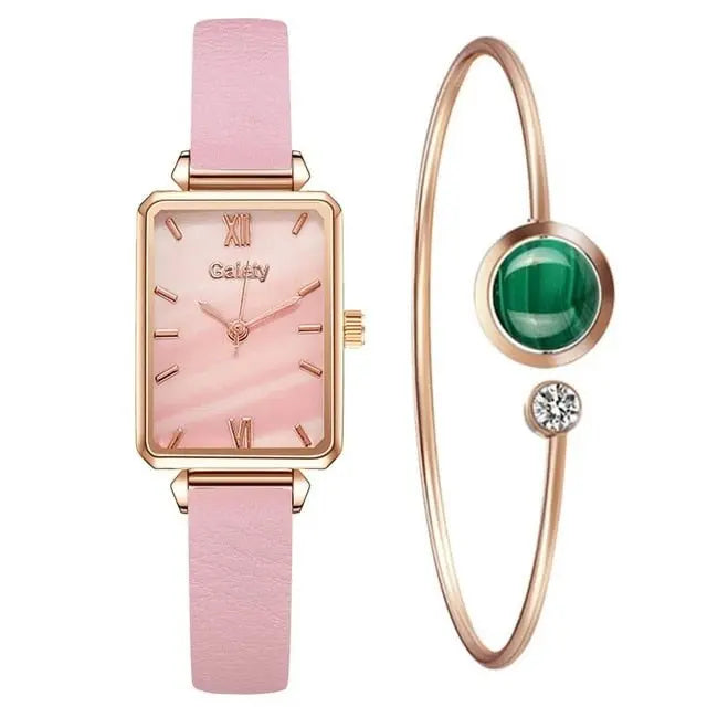 Women Watches Fashion Square Ladies Quartz Watch Bracelet Set Green Dial Mesh Watches - Blade & Thread
