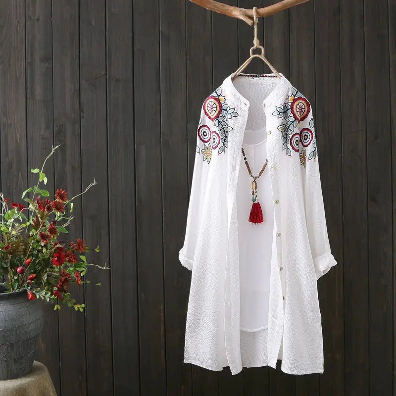 Women White Shirt 100% Cotton Embroidery Long Sleeve Button Up Blouse Loose Office Top - Blade & Thread