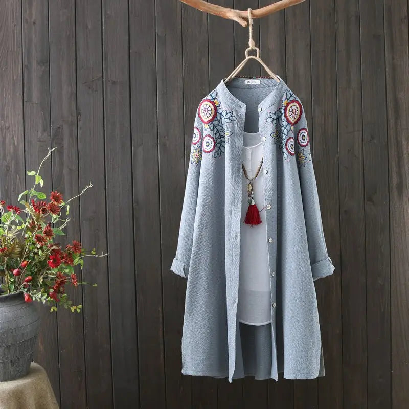 Women White Shirt 100% Cotton Embroidery Long Sleeve Button Up Blouse Loose Office Top - Blade & Thread