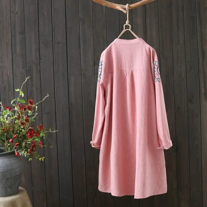 Women White Shirt 100% Cotton Embroidery Long Sleeve Button Up Blouse Loose Office Top nowadaysfashion