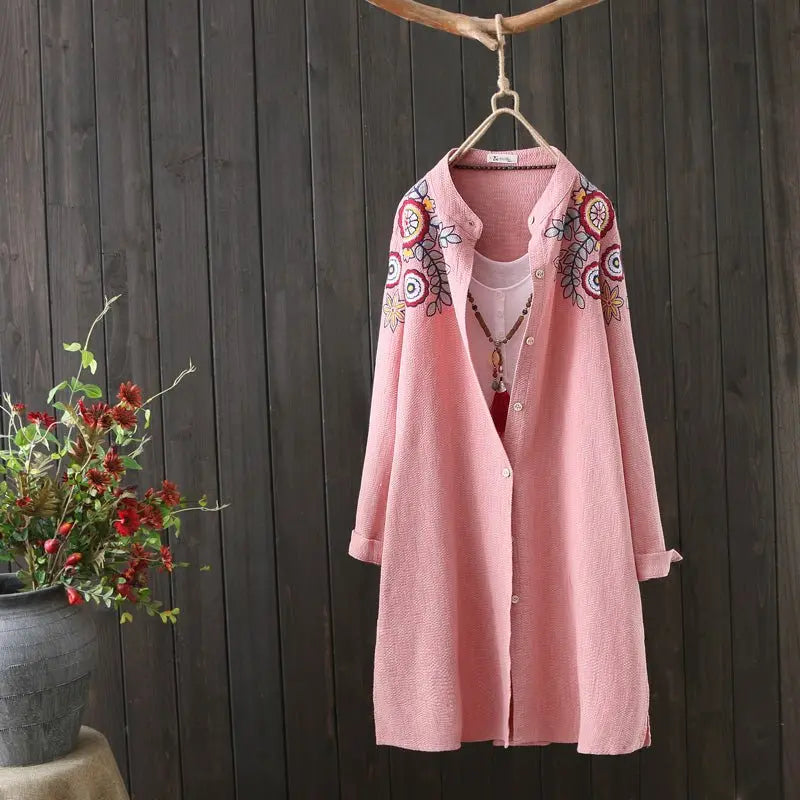 Women White Shirt 100% Cotton Embroidery Long Sleeve Button Up Blouse Loose Office Top nowadaysfashion