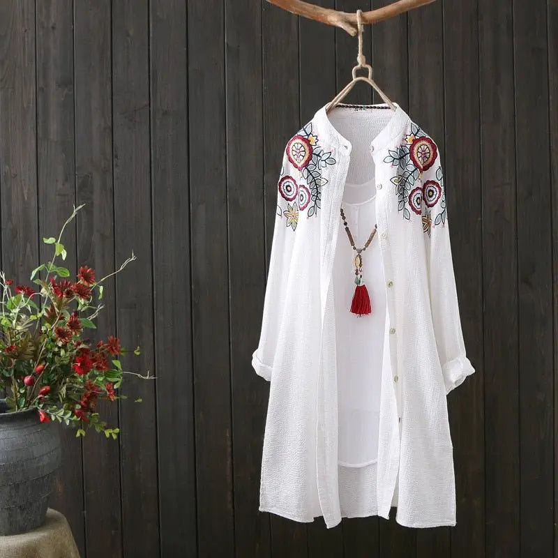 Women White Shirt 100% Cotton Embroidery Long Sleeve Button Up Blouse Loose Office Top - Blade & Thread