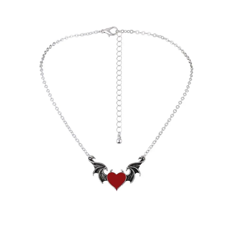 Women's Alloy Punk Style Hip-hop Black Devil Red Love Heart Pendant Necklace - Blade & Thread