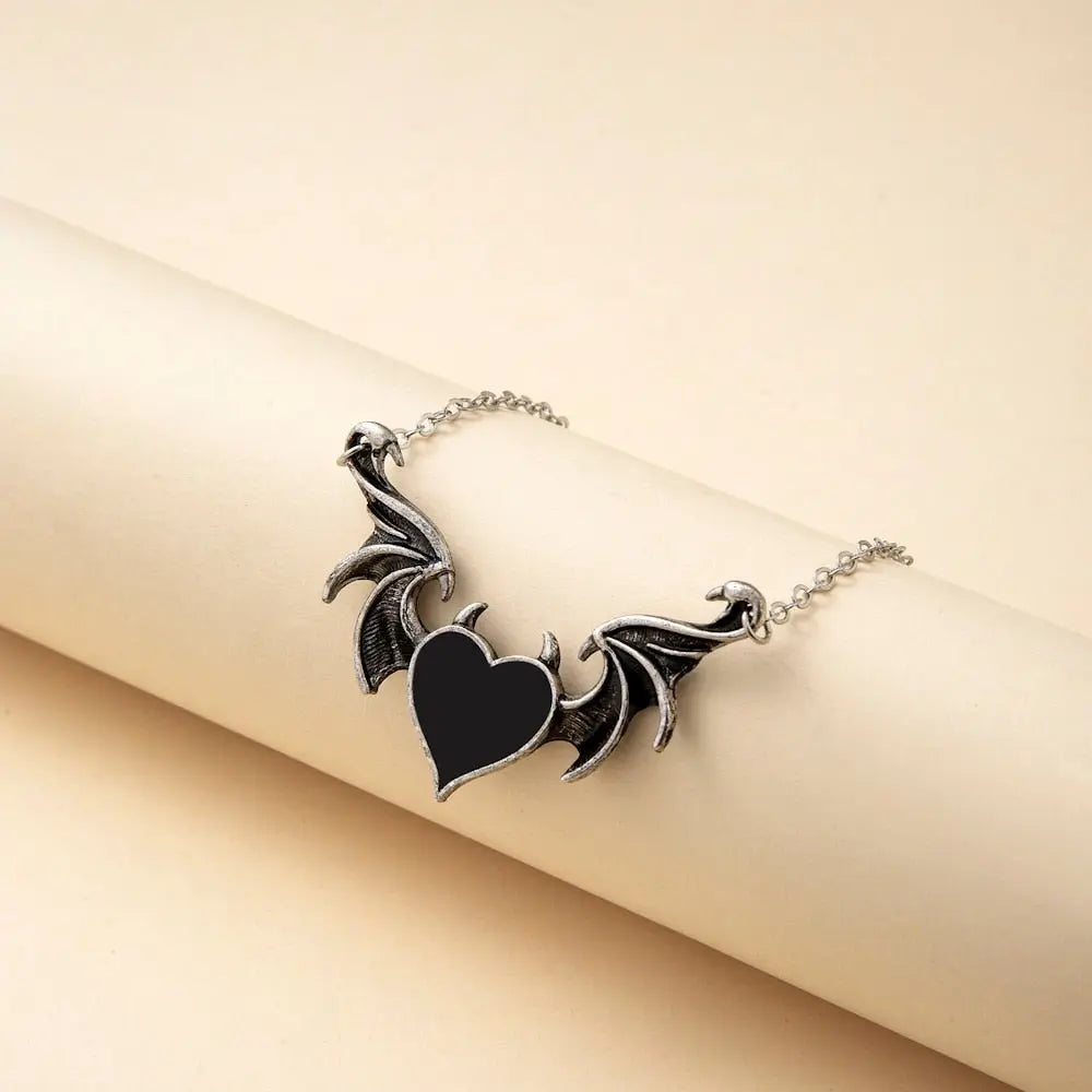 Women's Alloy Punk Style Hip-hop Black Devil Red Love Heart Pendant Necklace - Blade & Thread